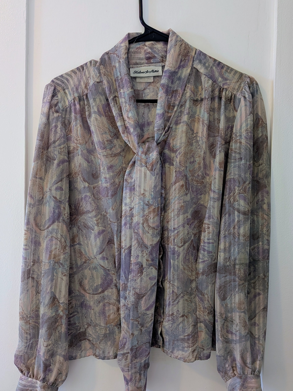 Vintage Helene St. Marie Lavender, Cream and Taupe Paisley Tie-Neck Blouse